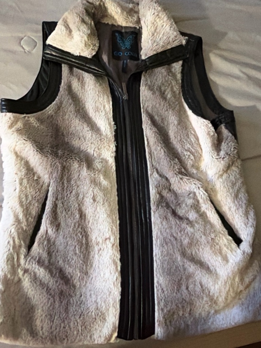 Go Couture Cream Faux Fur Vest with Black Trim